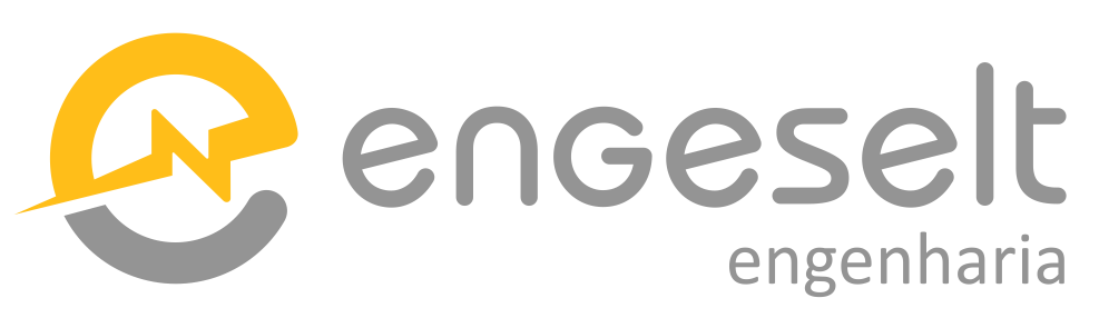 Logo da Engeselt Engenharia, nas cores amarelo-alaranjado e branco