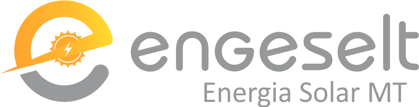 Logo da Engeselt Energia Solar MT, nas cores amarelo e branco